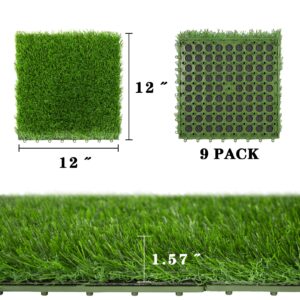 CJNLON 12"x12" Artificial Grass Tiles, 9 Packs Self-draining Fake Grass Turf Tiles Set for Flooring Decor, Dog Pads Indoor Outdoor 1.57'' in Pile Height