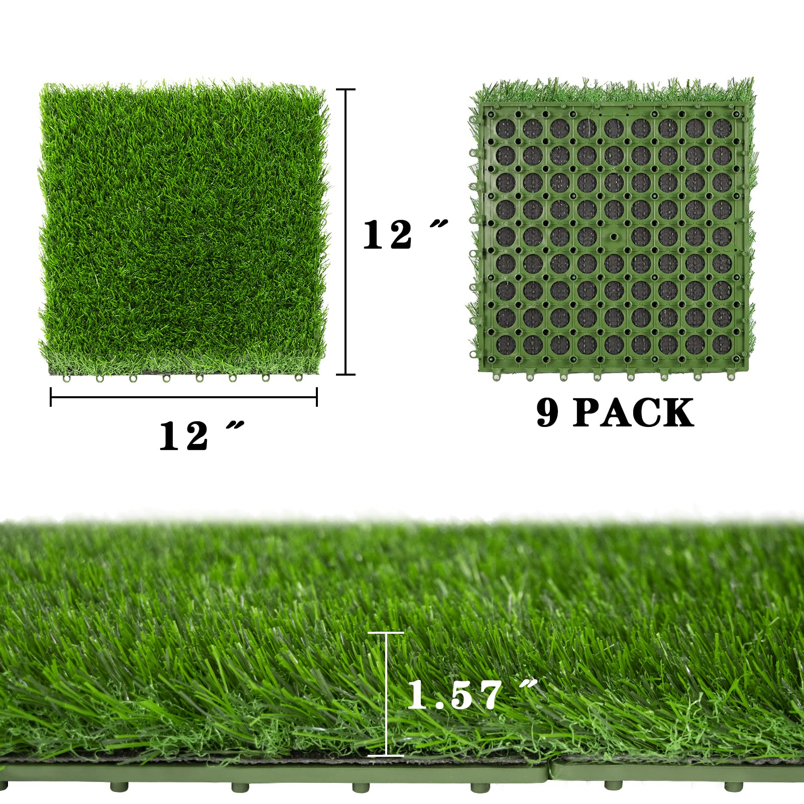 CJNLON 12"x12" Artificial Grass Tiles, 9 Packs Self-draining Fake Grass Turf Tiles Set for Flooring Decor, Dog Pads Indoor Outdoor 1.57'' in Pile Height