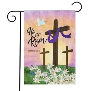watinc he is risen garden flag easter cross burlap matthew 28:6 vertical house flag double sided happy easter religious jesus christian party decorations supplies for lawn yard outdoor 12 x 18 in