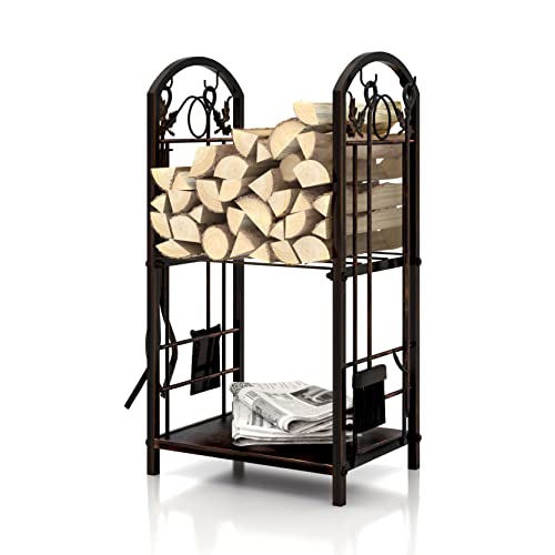 Flohover 5-Piece Wrought Iron Firewood Log Storage Rack Holder Tools Set for Indoor Outdoor Firewood Rack Fireplace Tools Firewood Rack Tools Heavy Duty Indoor Log Rack