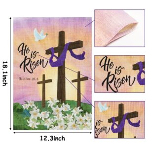 WATINC He is Risen Garden Flag Easter Cross Burlap Matthew 28:6 Vertical House Flag Double Sided Happy Easter Religious Jesus Christian Party Decorations Supplies for Lawn Yard Outdoor 12 x 18 In