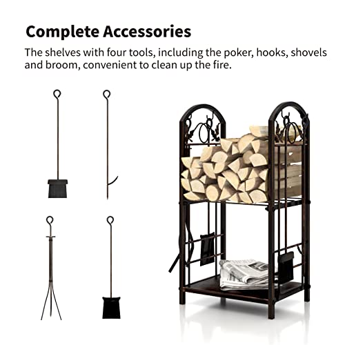 Flohover 5-Piece Wrought Iron Firewood Log Storage Rack Holder Tools Set for Indoor Outdoor Firewood Rack Fireplace Tools Firewood Rack Tools Heavy Duty Indoor Log Rack