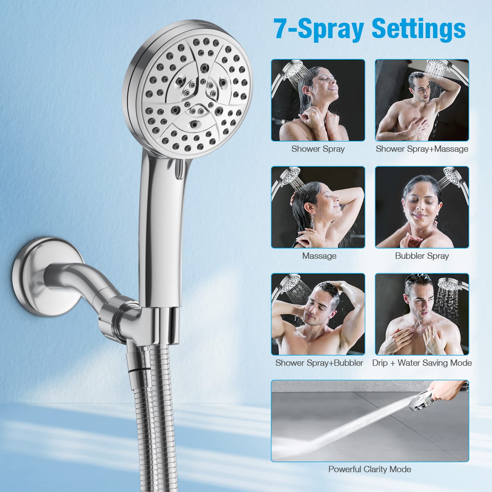 LEPO 7 Settings Shower Head with Handheld, Built-in Powerful Cleaning Function High Pressure Shower Head with 59 Inch Stainless Steel Hose Bracket Teflon Tape Rubber Washers