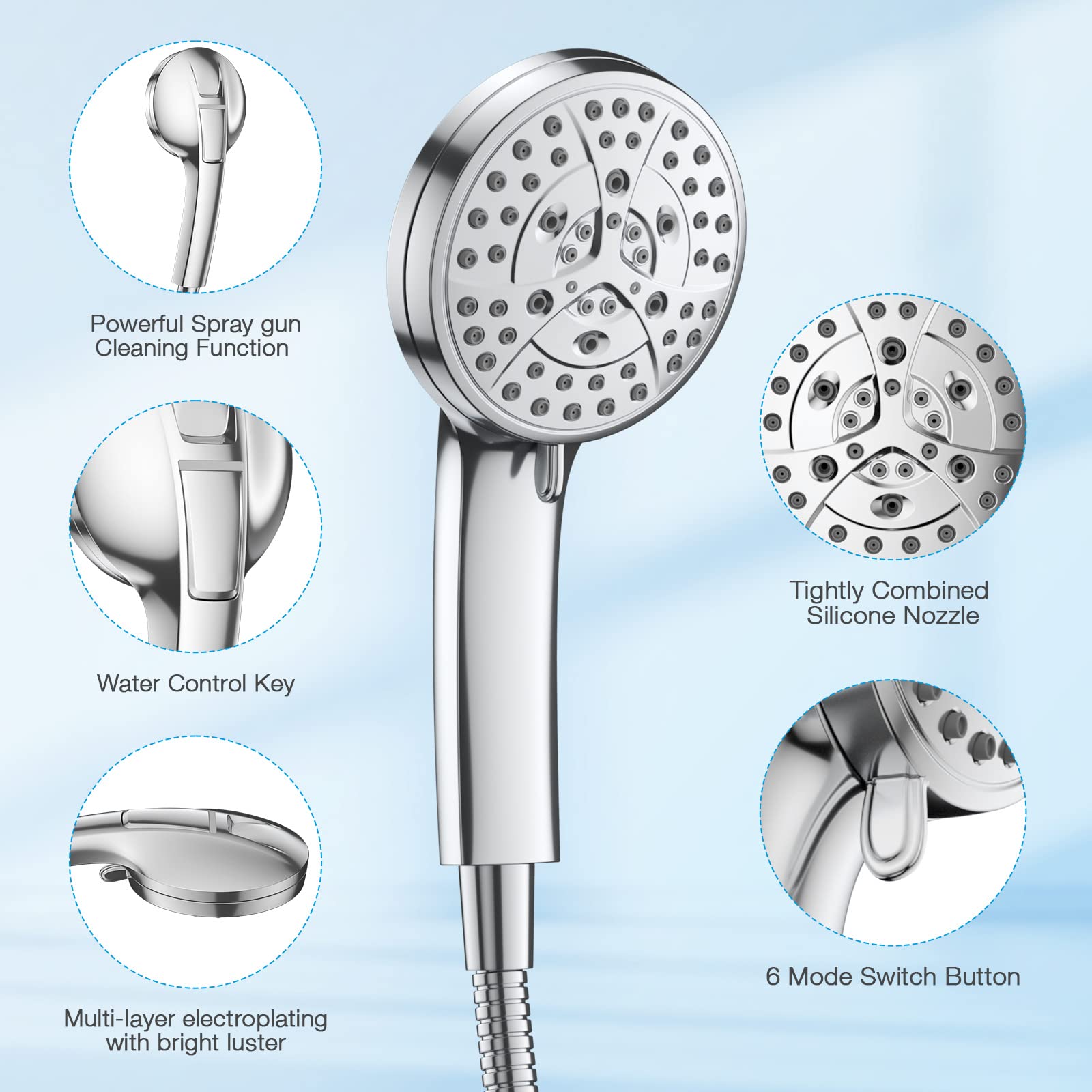 LEPO 7 Settings Shower Head with Handheld, Built-in Powerful Cleaning Function High Pressure Shower Head with 59 Inch Stainless Steel Hose Bracket Teflon Tape Rubber Washers