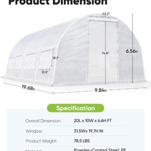 Quictent 20x10x6.6 FT Large Walk-in Greenhouse for Outdoors, Heavy Duty Gardening High Tunnel Green House, Protable Winter Hot House with PE Cover 2 Zipper Screen Doors & 8 Screen Windows, White