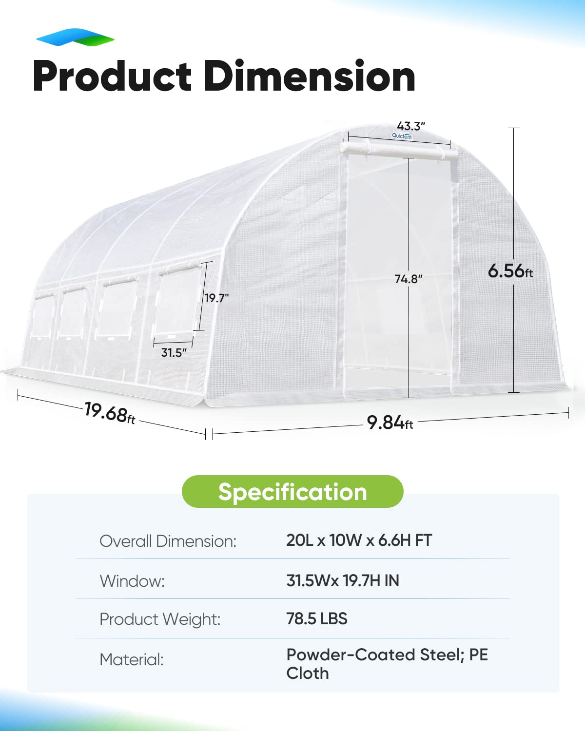 Quictent 20x10x6.6 FT Large Walk-in Greenhouse for Outdoors, Heavy Duty Gardening High Tunnel Green House, Protable Winter Hot House with PE Cover 2 Zipper Screen Doors & 8 Screen Windows, White