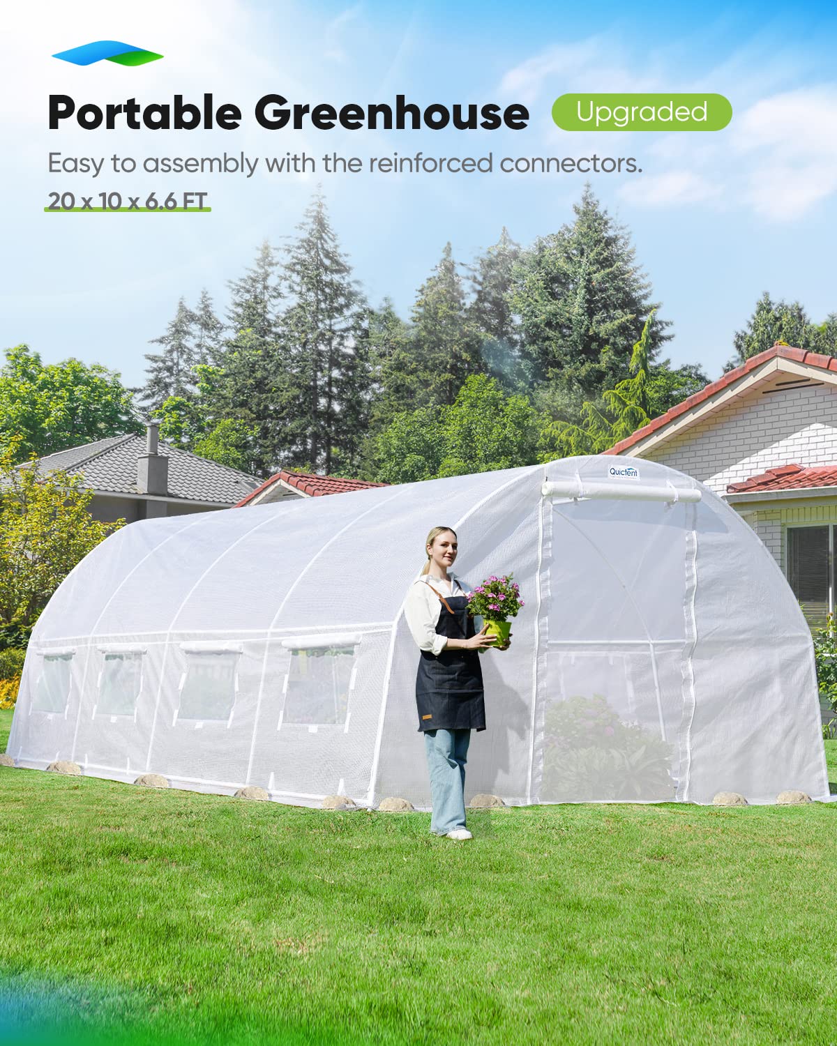 Quictent 20x10x6.6 FT Large Walk-in Greenhouse for Outdoors, Heavy Duty Gardening High Tunnel Green House, Protable Winter Hot House with PE Cover 2 Zipper Screen Doors & 8 Screen Windows, White