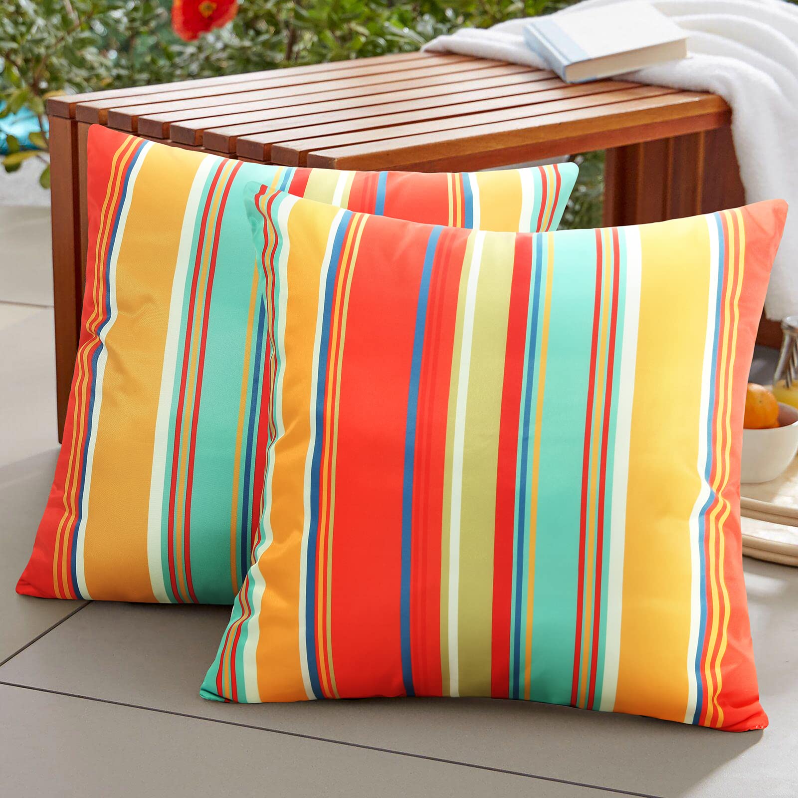 Pyonic Outdoor Waterproof Throw Pillow Covers 18x18 Decorative Square Pillow Covers Set of 2 for Patio Furniture Tent Garden,Color Stripe(Red)