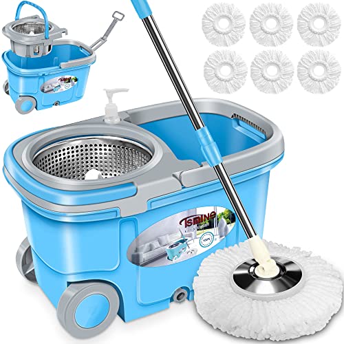 Tsmine Commercial Microfiber Spin Mop and Bucket with Wringer Set for Hardwood Floor,Kitchen Household Cleaning Tools Supplies with 6 Replacement Refills,61" Extended Handle