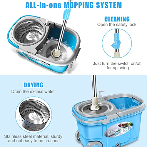 Tsmine Commercial Microfiber Spin Mop and Bucket with Wringer Set for Hardwood Floor,Kitchen Household Cleaning Tools Supplies with 6 Replacement Refills,61" Extended Handle