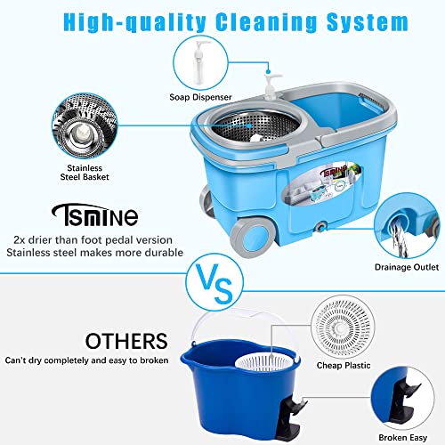 Tsmine Commercial Microfiber Spin Mop and Bucket with Wringer Set for Hardwood Floor,Kitchen Household Cleaning Tools Supplies with 6 Replacement Refills,61" Extended Handle