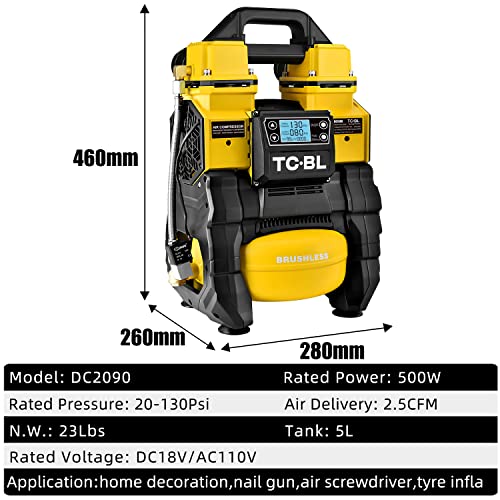 TC·BL AC&DC Dual-Purpose Air Compressor 2 in 1 Quiet Tire Inflator Oil Free Air Pump Compressor Compatible with Makita/Milwaukee/Dewalt Battery with 1.5Gal Aluminum Tank