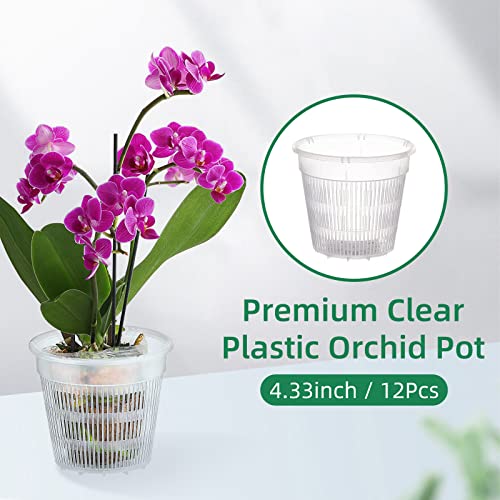 Ohiyoo Orchid Pot 4 inch Orchid Pots with Holes 12 Pcs Clear Plastic Orchid Pots Slotted Orchid Pots for Repotting Clear Nursery Pots Net Pots Plastic Flower Plant Pot Indoor Outdoor (4.3inch, 12pcs)