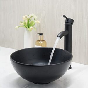 mekkhala 13 inch bathroom ceramic vessel sink round matte black above counter wash basin bowl combo with black mixer faucet and waste drain set
