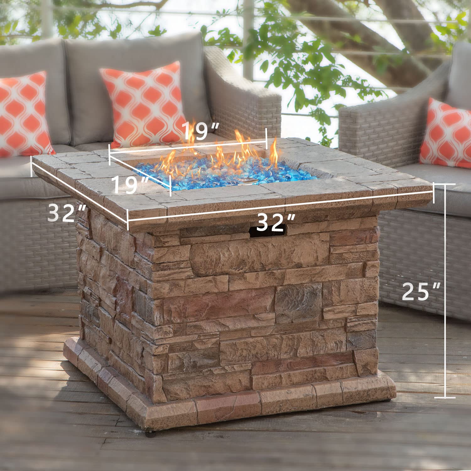 COSIEST Outdoor Propane Fire Pit Table w Faux Brown Ledgestone 32-inch Square Fire Table, 50,000 BTU Stainless Steel Burner, Aqua Blue Fire Glass, Fits 20lb Tank Inside