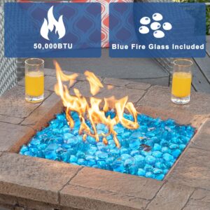 COSIEST Outdoor Propane Fire Pit Table w Faux Brown Ledgestone 32-inch Square Fire Table, 50,000 BTU Stainless Steel Burner, Aqua Blue Fire Glass, Fits 20lb Tank Inside