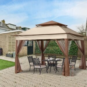 MASTERCANOPY Patio Gazebo Outdoor Pop Up Gazebo with Mesh Walls (Champagne, 11x11)