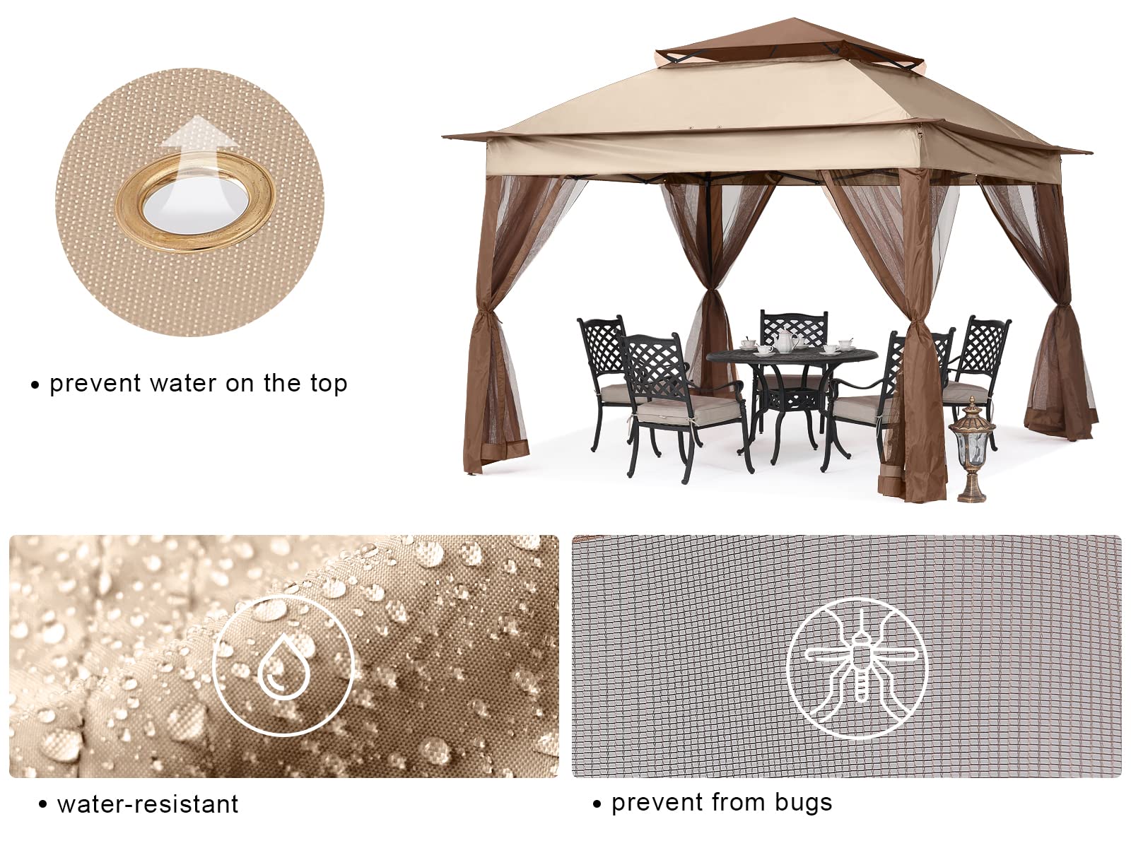 MASTERCANOPY Patio Gazebo Outdoor Pop Up Gazebo with Mesh Walls (Champagne, 11x11)