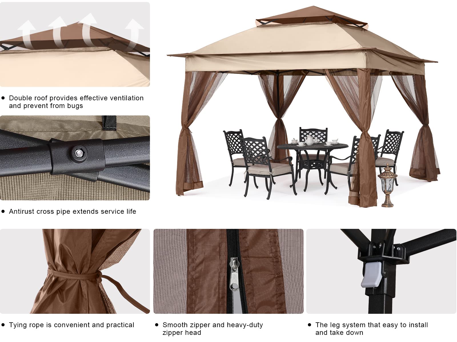 MASTERCANOPY Patio Gazebo Outdoor Pop Up Gazebo with Mesh Walls (Champagne, 11x11)