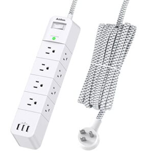 surge protector power strip - addtam 10 ft long extension cord with 12 outlets(3-side) and 3 usb ports, flat plug overload surge protection outlet strip, wall mountable for home, office and dorm