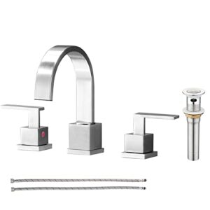 kingo home brushed nickel 3 hole deck mount waterfall bathroom faucet, 8 inch 2 handle, drip-free ceramic disc valve, easy installation