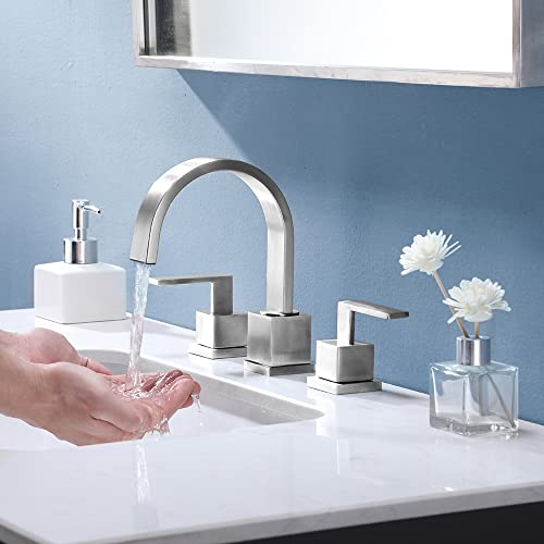 KINGO HOME Brushed Nickel 3 Hole Deck Mount Waterfall Bathroom Faucet, 8 inch 2 Handle, Drip-Free Ceramic Disc Valve, Easy Installation