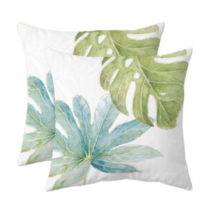 green tropical leaves throw pillow covers set of 2 decorative monstera palm leaf couch pillow case botanical plant outdoor pillow covers waterproof fabric for patio bedroom living room, 18" x 18", c2