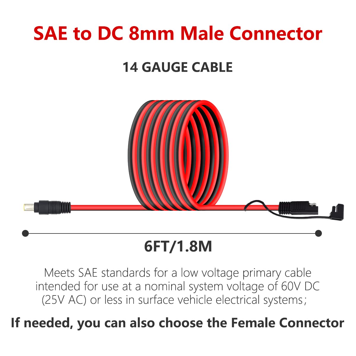 14 AWG 6 Feet SAE Connector to DC 8mm Male Connector Extension Cable