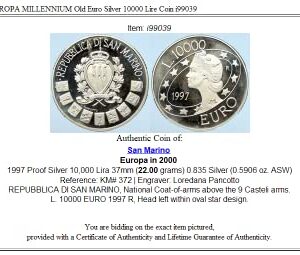 1997 IT 1997 SAN MARINO Italy EUROPA MILLENNIUM Old Euro 10000 Lire Good Uncertified