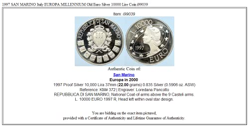 1997 IT 1997 SAN MARINO Italy EUROPA MILLENNIUM Old Euro 10000 Lire Good Uncertified