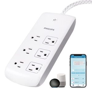 philips 6 outlet smart surge protector, 4 ft braided cord, individual control, 1080 joule, compatible with alexa, google home, bluetooth set up, no hub required, etl listed, white, spp9034wb/37