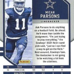 2021 Panini Absolute Retail #158 Micah Parsons RC Rookie Card Dallas Cowboys Official NFL Football Trading Card in Raw (NM or Better) Condition