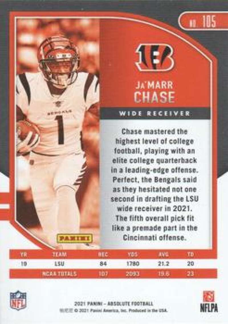 2021 Panini Absolute Retail #105 Ja'Marr Chase RC Rookie Card Cincinnati Bengals Official NFL Football Trading Card in Raw (NM or Better) Condition