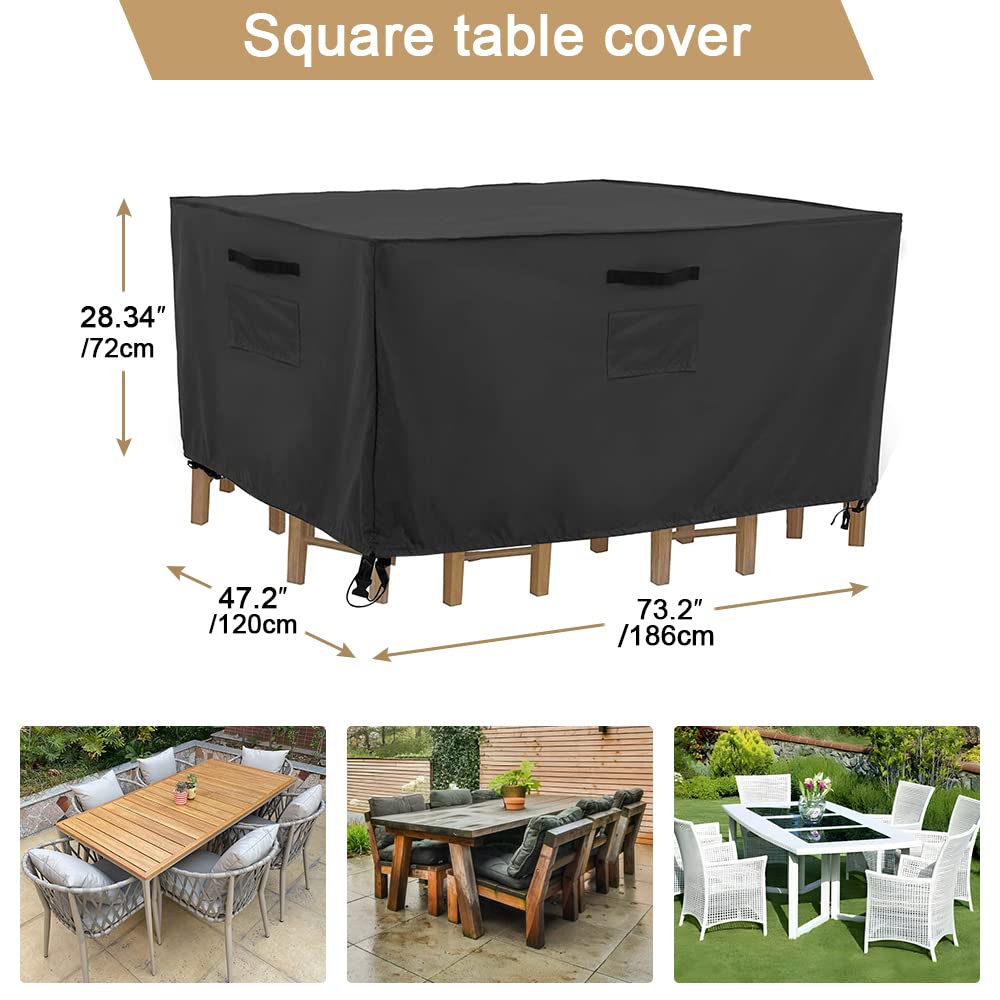 LBW Heavy Duty Outdoor Table Cover Waterproof of Rectangle ,73.2 "L x 47.2 "W x 28.3"H Patio Furniture Sets Cover for Garden Picnic Table 600D Cover for Table Chairs, Black