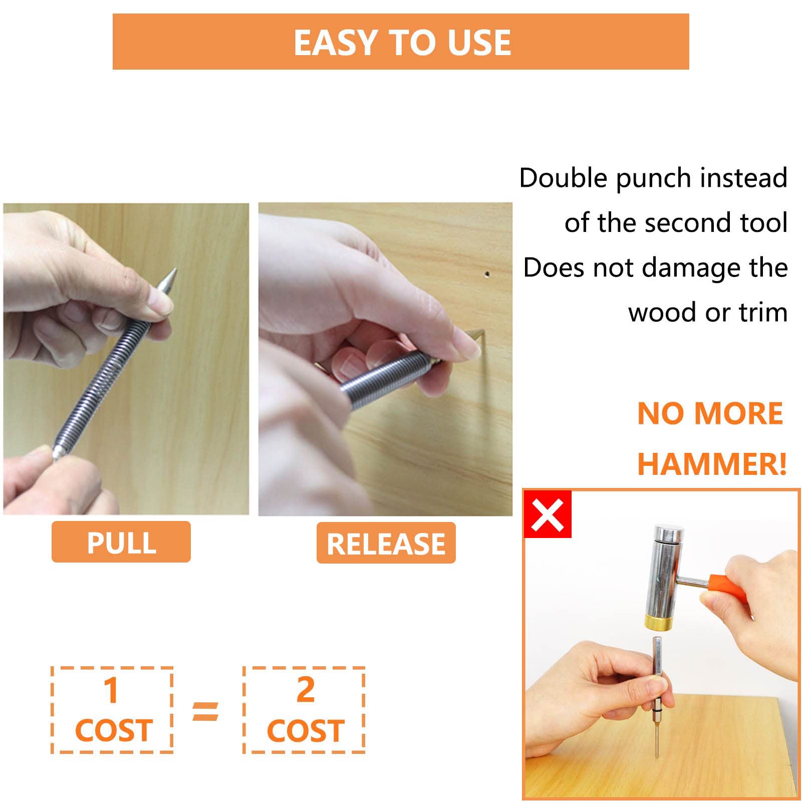 WHLLING 2-Piece Dual Head Nail Setter and Hinge Pin Punch Set, Hammerless 1/32″& 1/16″Spring Nail Set, 5000 PSI Striking Force Door Pin Removal Tool