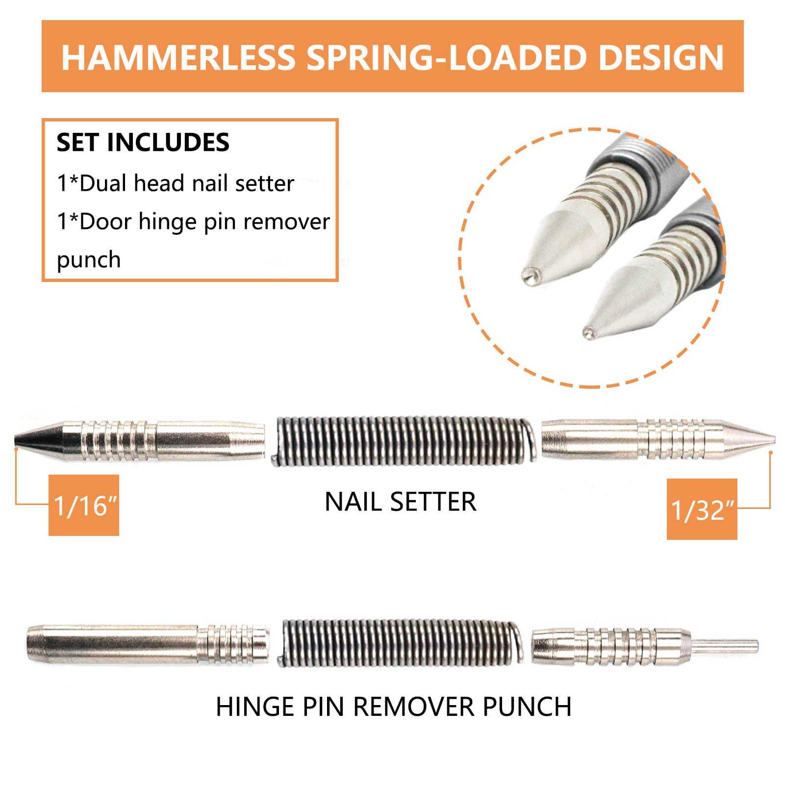 WHLLING 2-Piece Dual Head Nail Setter and Hinge Pin Punch Set, Hammerless 1/32″& 1/16″Spring Nail Set, 5000 PSI Striking Force Door Pin Removal Tool