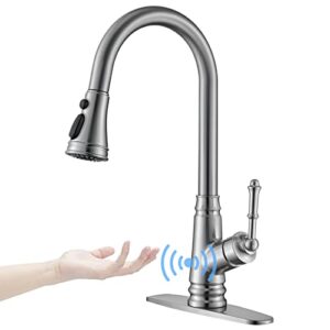 touchless kitchen faucet with pull down sprayer, automatic motion sensor hands-free kitchen sink faucet, brushed nickel