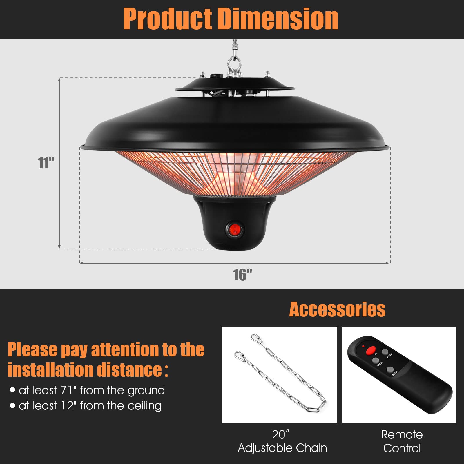 COSTWAY Patio Hanging Heater, 1500W Electric Ceiling Mounted Infrared Heater with Remote Control, 3 Settings, IP34 Waterproof, Hanging Heater for Outdoor Indoor Use, Courtyard Balcony (Black)