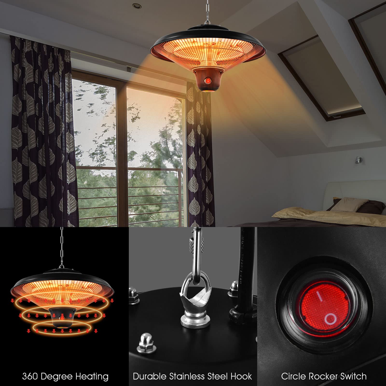 COSTWAY Patio Hanging Heater, 1500W Electric Ceiling Mounted Infrared Heater with Remote Control, 3 Settings, IP34 Waterproof, Hanging Heater for Outdoor Indoor Use, Courtyard Balcony (Black)