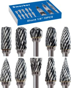 sworker carbide burr set compatible with dremel 1/8" shank 10pcs die grinder rotary tool rasp bits accessories attachments metal wood stone plastic carving cutting cleaning grinding engraving