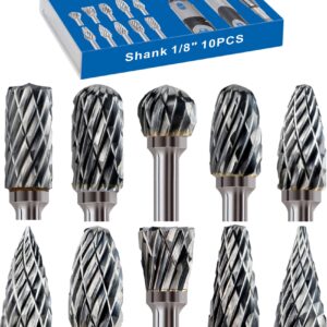 Sworker Carbide Burr Set Compatible with Dremel 1/8" Shank 10PCS Die Grinder Rotary Tool Rasp Bits Accessories Attachments Metal Wood Stone Plastic Carving Cutting Cleaning Grinding Engraving