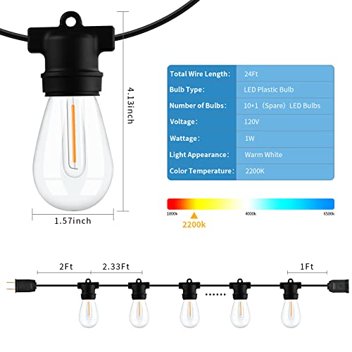 Solibting Outdoor String Lights Patio Lights 24Ft with 10 LED Dimmable Edison Waterproof Shatterproof Bulb and Commercial Grade Weatherproof Strand Heavy-Duty Outside Decorative Cafe, Bistro, Party