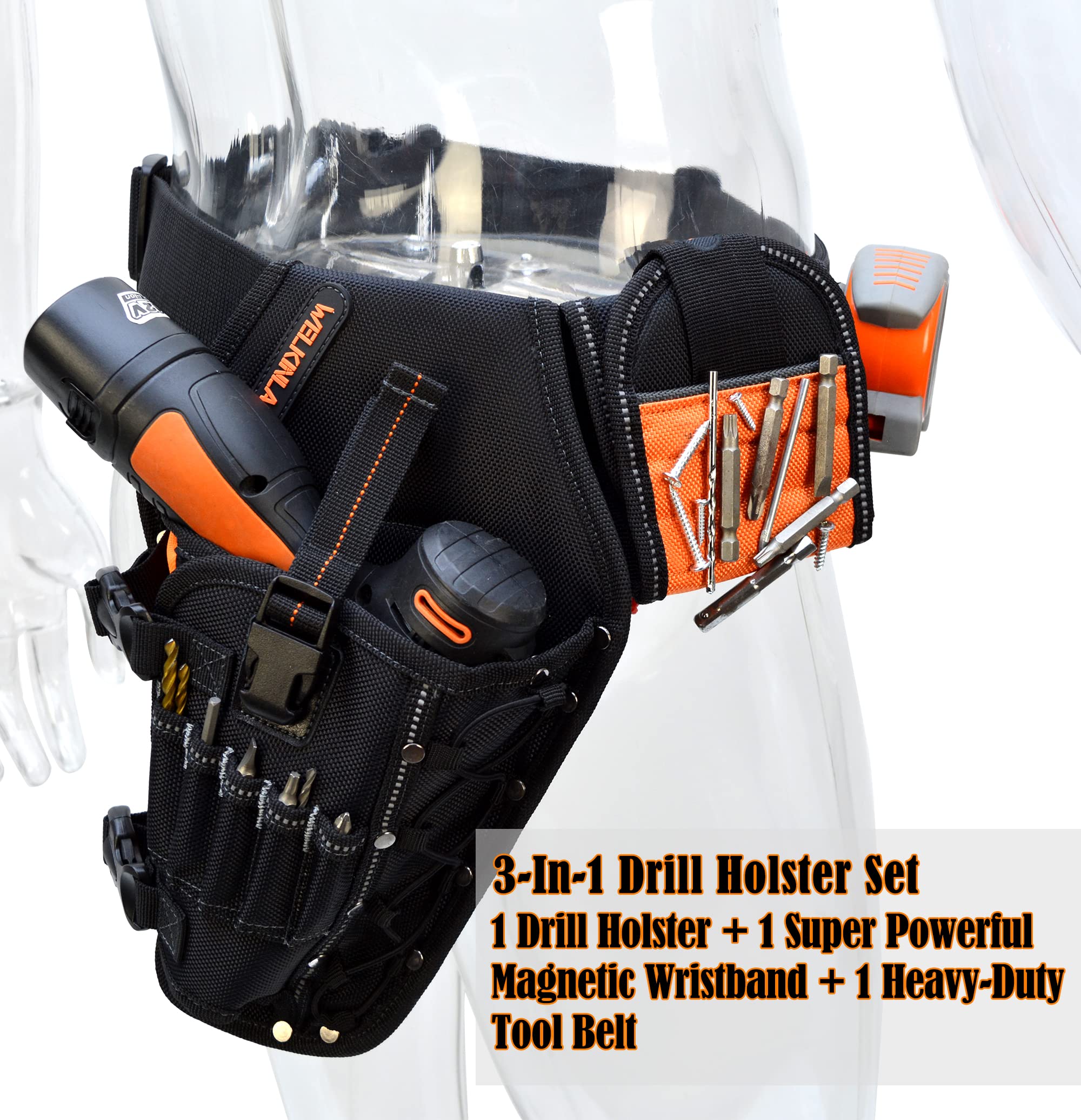 3-In1 Drill Holster Set w/Strong Magnetic Wristband & Solid 2 inch Belts for Men, Drill Holder, Tool Belt Drill Holder, 12v Power Tool Holster, Impact Holster, Impact Holder, Magnetic bit Holder