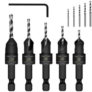 82°countersink drill bit set power tools accessories with 5 pcs replaceable drill bits 3/8”quick-change drill bits, woodworking chamfered adjustable drilling tool kit woodworking tool (5pcs/set)