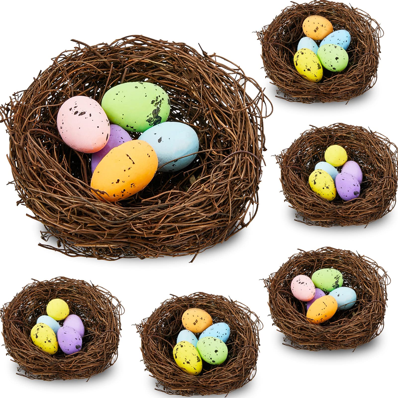 6 Pcs Faux Bird Nest with Eggs Artificial Small Rattan Nest Decoration Handmade Decorative Miniature Birds Nests for Crafts, Party, Patio Decoration, Home Garden Decor