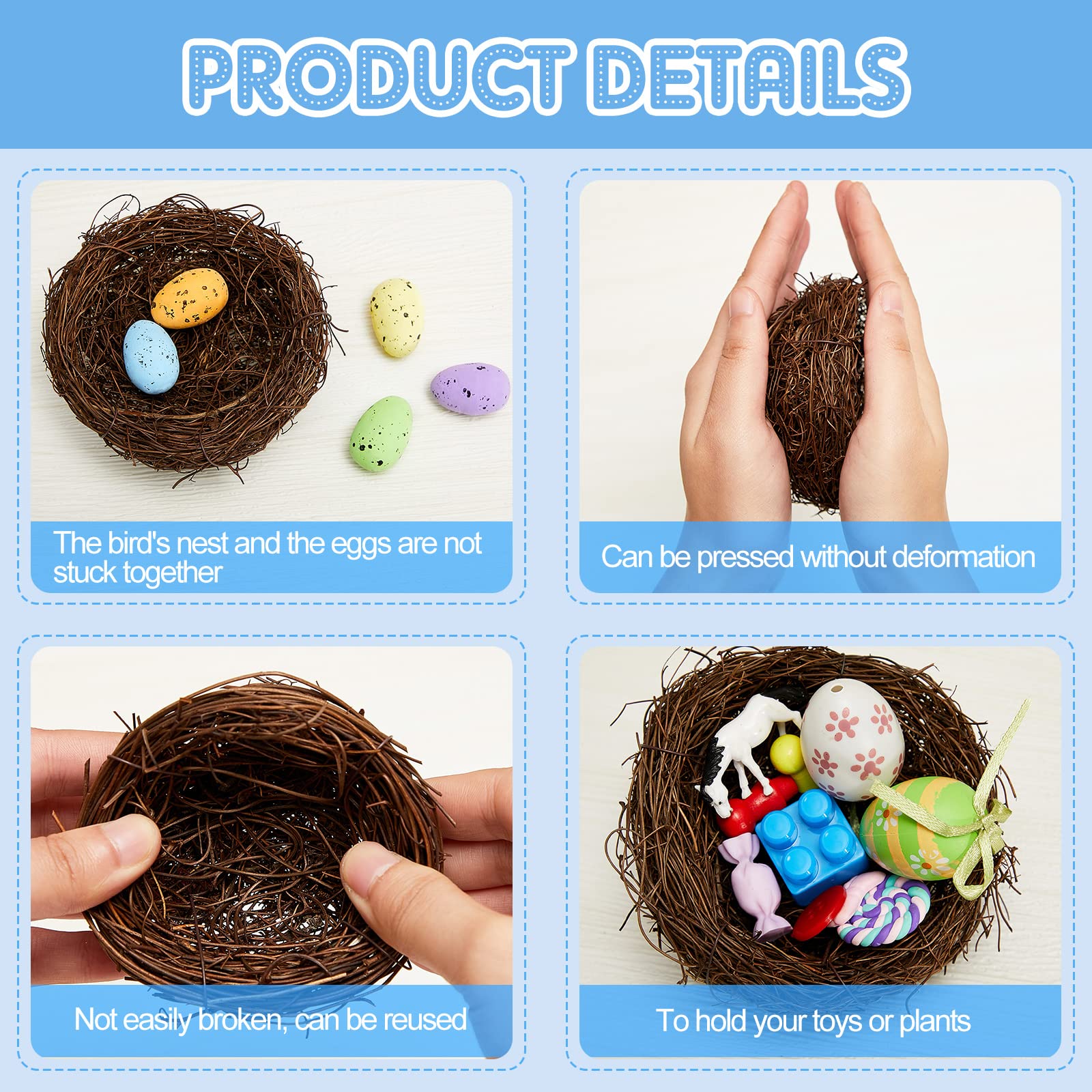 6 Pcs Faux Bird Nest with Eggs Artificial Small Rattan Nest Decoration Handmade Decorative Miniature Birds Nests for Crafts, Party, Patio Decoration, Home Garden Decor