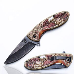 outdoor survival folding blade knife- fruit utility assisted knife - 3d deer handle - good for collections