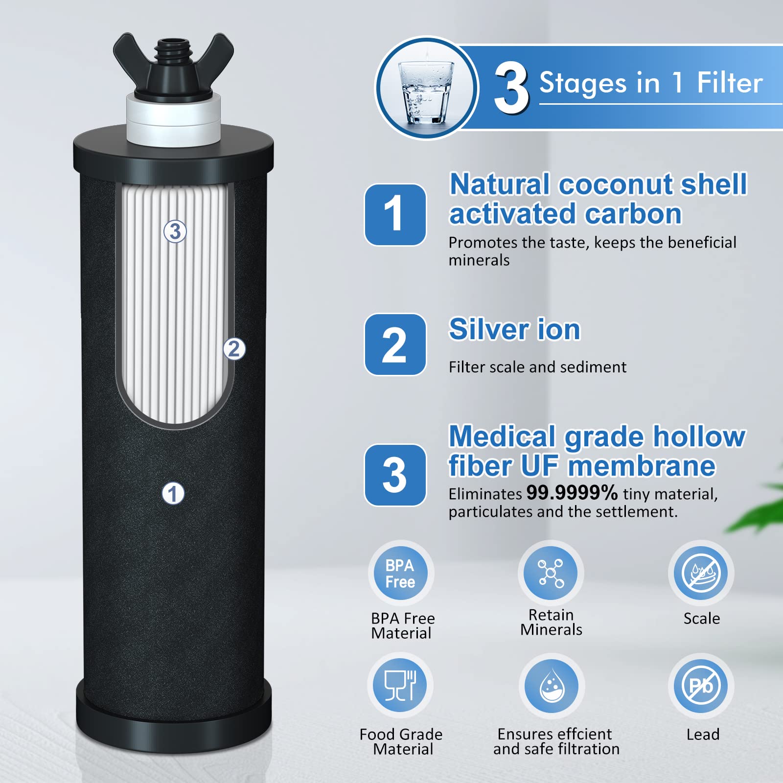 Proeau 2.9 Gallon Stainless Steel Countertop Gravity Water Filter System with 2 Black Purification Elements for Home and Outdoor Use(with Stand)