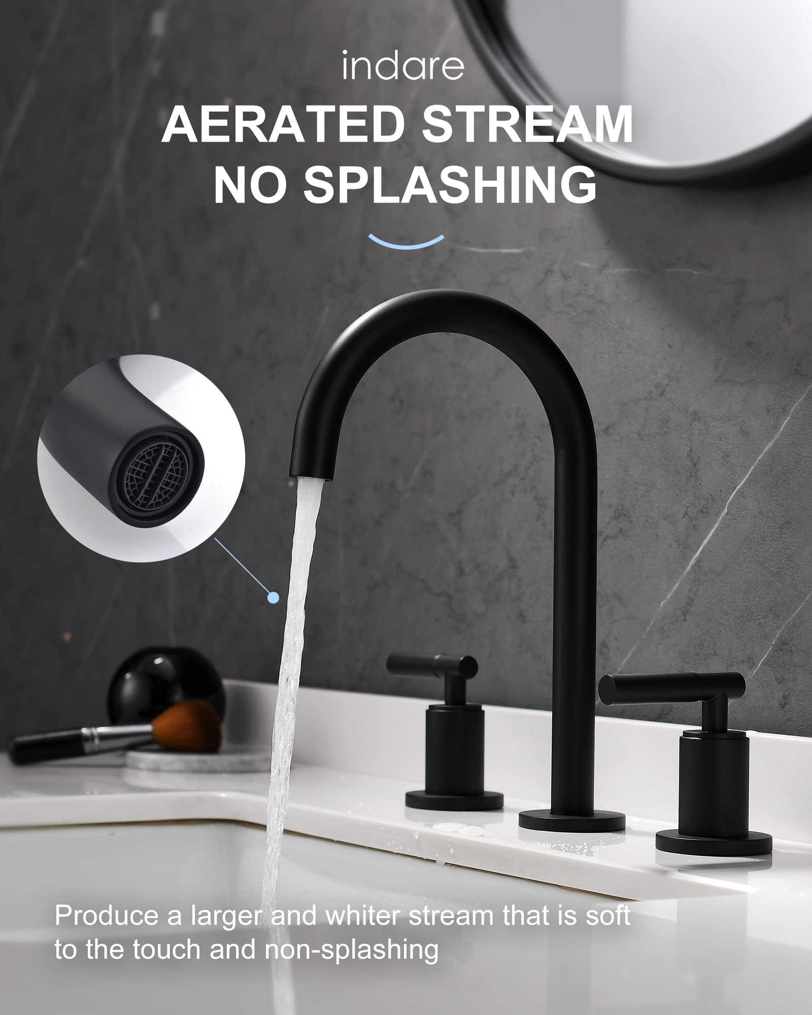 Matte Black Bathroom Faucet, Indare 360° Swivel Spout Two Handles Widespread 4 Inch 8Inch Brass Bathroom Sink Faucet 3 Hole with Pop-Up Drain and Water Supply Lines, Upgraded Style