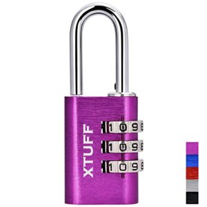 xtuff combination lock-3 digit resettable outdoor waterproof password aluminum lock, for school gym employee sports locker, fence, toolbox, gate, case, suitcases, set your own combo keyless purple